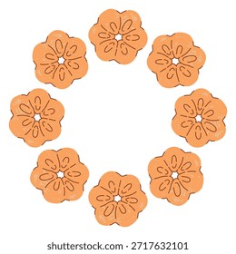 Hand drawn circular cookie frame in a simple doodle style, featuring cute baked shapes arranged in a soft, cozy wreath on a white background. Perfect for festive designs, labels, sweet themed branding