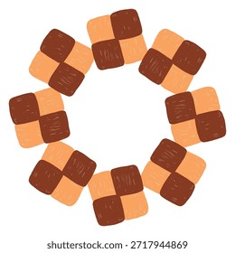Marco circular de galletas dibujado a mano en un estilo de doodle simple, con lindas Formas horneadas dispuestas en una corona suave y acogedora sobre un fondo blanco. Perfecto para diseños festivos, etiquetas, marca temática dulce