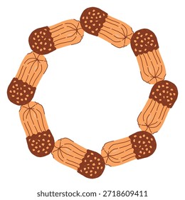 Marco circular de galletas dibujado a mano en un estilo de doodle simple, con lindas Formas horneadas dispuestas en una corona suave y acogedora sobre un fondo blanco. Perfecto para diseños festivos, etiquetas, marca temática dulce
