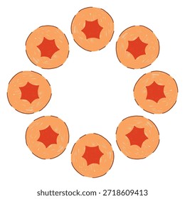 Hand drawn circular cookie frame in a simple doodle style, featuring cute baked shapes arranged in a soft, cozy wreath on a white background. Perfect for festive designs, labels, sweet themed branding