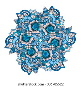 Hand drawn circular element with floral motives. Colorful background.
