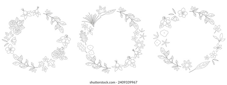 Hand drawn circular frame set of flowers and leaves, line drawing, plant wreath frame
