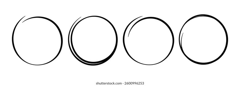 Hand drawn circular line sketch set in vector format. Brush stroke circles painted on a white background. Ink drawn circle for logo and label design.