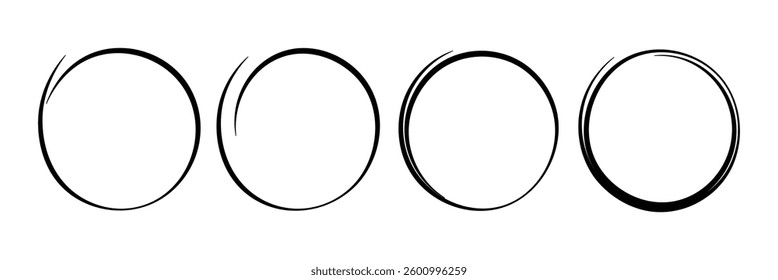 Hand drawn circular line sketch set in vector format. Brush stroke circles painted on a white background. Ink drawn circle for logo and label design.