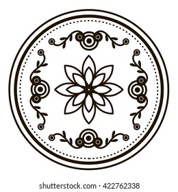 Hand drawn circular repeated abstract design for packaging. Floral, circles and swirls black and white design element with a flower symbol illustration. Elegant frames template.
