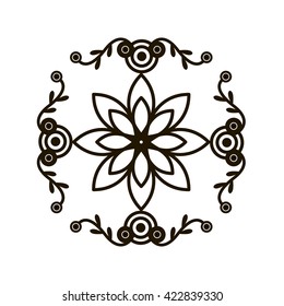 Hand drawn circular repeated abstract design for packaging. Floral, circles and swirls black and white design element with a flower symbol illustration. Elegant frames template.