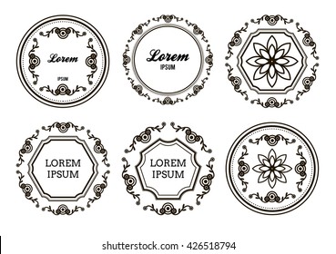 Hand drawn circular repeated abstract design set for packaging. Floral, circles and swirls black and white design elements with a text sample.Elegant frames templates.