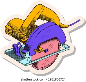 Hand drawn circular saw in sticker style vector illustration