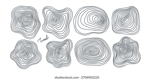 Dibujado a mano Anillos anuales concéntricos de madera circular o conjunto de textura de línea de mapa topográfico. Árbol de madera líneas abstractas topográficas diseño de estilo plano de colección. Diseño de contorno de Ilustración vectorial lineal.