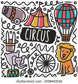 conjunto de doodle de circo dibujado a mano con iconos y elementos de diseño
