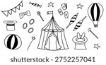 Hand drawn circus elements. Outline drawing line vintage clipart symbol collection. Vector illustration