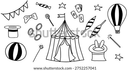 Hand drawn circus elements. Outline drawing line vintage clipart symbol collection. Vector illustration
