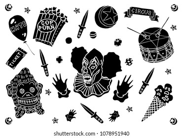 Hand Drawn Circus Elements Stickers Set For Design With Scary Clown Balloon Icecream Monkey Drum Popcorn Box Knives Jugglin Ball Dagger. Vector  Isolated Black And White Illustration.