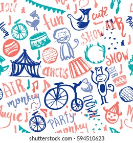 Hand Drawn circus seamless pattern with clown, monkey, lion wrap paper, nursery, child party color doodle sketch vector illustration