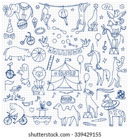 Hand drawn circus set on squared paper. Vector illustration with hand drawn doodle circus animals and objects