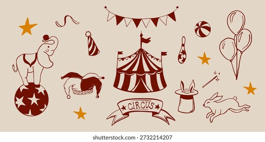 Hand drawn circus set with tent, clown, magician hat, balloons and decorative elements. Vintage style vector illustration.