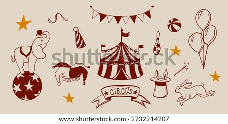 Hand drawn circus set with tent, clown, magician hat, balloons and decorative elements. Vintage style vector illustration.