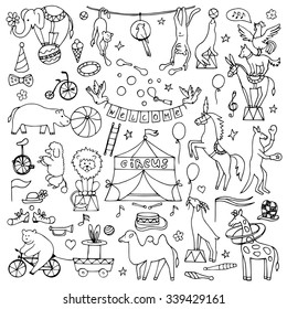 Hand drawn circus set. Vector illustration with hand drawn doodle circus animals and objects