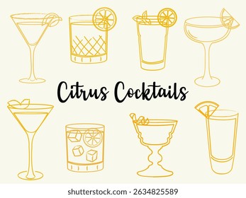 Hand drawn citrus cocktail illustrations. Vector line art of summer refreshing alcoholic beverages. Doodle style cocktail glasses for bar, menu, and party design.	