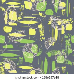 Hand drawn citrus fruit on dark abstract brush stroke background. Seamless vector pattern. Great for home decor, fabric, stationery, paper goods.