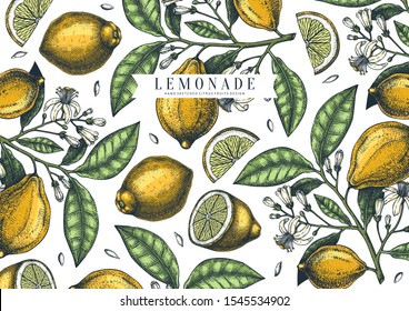 Hand drawn citrus fruits background. Vector lemons design with fruits, flowers, seeds, leaves sketches. Perfect for banners, greeting cards, invitations, prints. Lemon outlines template