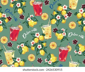 Hand drawn citrus fruits, lemons, grapefruit, lemonade, limes, leaves seamless patterns. Fresh juice ice drink icon in glass, Design for all prints