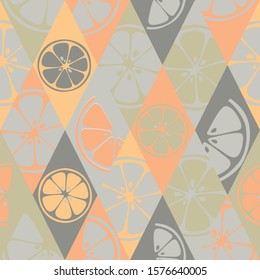 Hand drawn citrus fruits print design in pastel colors. Nature orange seamless pattern. Vector illustration of lime, pomelo, grapefruit, lemon.