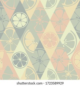 Hand drawn citrus fruits print design in pastel colors. Summer neutral seamless pattern. Vector illustration of lime, pomelo, grapefruit, lemon.