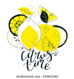 Hand drawn citrus illustration with lettering. Fresh natural fruit background. Vector banner, paster, package design. Natural food market concept. Organic design.
