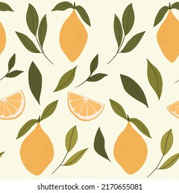 Hand drawn citrus lemon seamless pattern. Cute fruit background. Vector