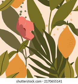 Hand drawn citrus lemon seamless pattern. Cute fruit background. Vector