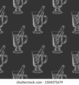 Hand drawn citrus mulled wine seamless pattern on blackboard. Mulled wine glass backdrop. Engraving style. Design for fabric, textile print, wrapping paper. Vector illustration