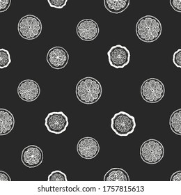 Hand drawn citrus seamless pattern. Vector oranges and lemons illustrations on chalk board. Vintage fruit background
