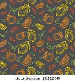 Hand drawn citrus vector seamless pattern. Orange, lemon, mandarin.