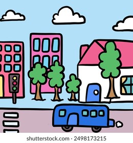 Hand drawn city with buildings, house, bus, street, tree, blue sky for background, wallpaper, backdrop, post card, environment, vacation, travel, summer, road view, outdoor, architecture, work office