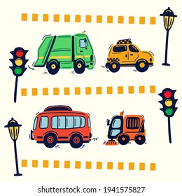 Hand drawn city cars on the road, service works. Garbage truck, taxi cab, public bus, street sweeper. Cute kids vector illustration.