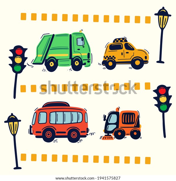 Hand drawn city cars on the road, service\
works. Garbage truck, taxi cab, public bus, street sweeper. Cute\
kids vector illustration.
