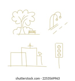 Hand drawn city elements. Park. Street lamps. Buildings. Traffic light.