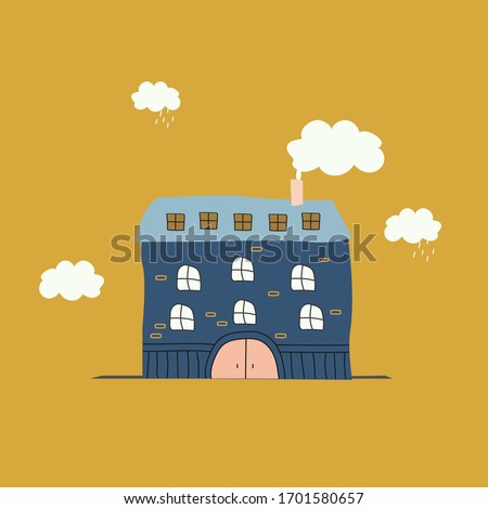 Hand drawn city house facade object.  modern contemporary trendy  flat vector illustration. Little cute house with clouds. Pastel color warm palette, blue and mustard color.  Vector EPS 10 