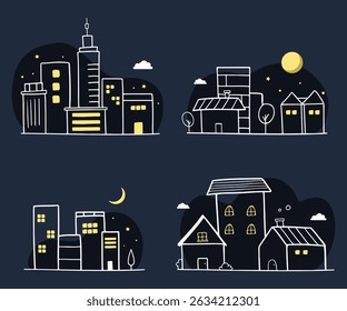 Hand drawn city at night collection set. Vector illustration drawing of building architecture at night cartoon style. For asset, graphic element, book, background