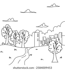 Hand drawn city park illustration with building background coloring book