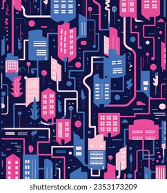 A Hand Drawn City Pattern for Vector, in the Style of Dark Azure and Pink, Minimalist Illustrator, Bold and Playful, Free Brushwork, High Resolution, 1970–Present, Cartoony