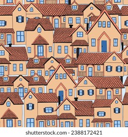 Hand drawn city seamless pattern. Cute cartoon style houses, doodle set with buildings