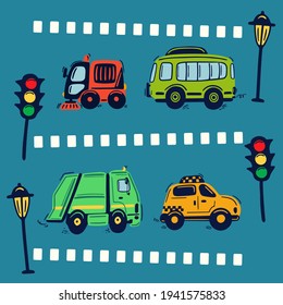 Hand drawn city service cars on the blue background with streetlight and traffic light. Street cleaner car, public bus, garbage truck, taxicab. Cute kids vector illustration.