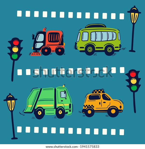 Hand drawn city\
service cars on the blue background with streetlight and traffic\
light. Street cleaner car, public bus, garbage truck, taxicab. Cute\
kids vector illustration.