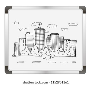 Hand drawn City Sketch Drawn in black ink on flip chart background. Vector Illustration.