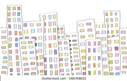 Hand drawn city sketch with colorful multi-colored windows. Simple minimalistic style vector.