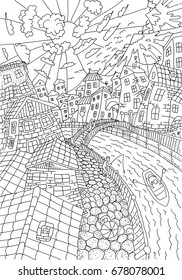 Hand drawn city sketch. Doodle landscape.
Page of the anti-stress coloring book.