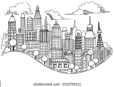 Hand drawn City Sketch for your design,Drawn in black ink on white background