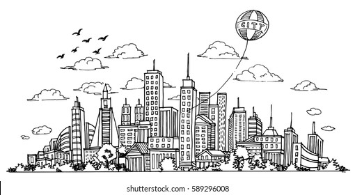 Hand drawn City Sketch for your design Drawn in black ink white background